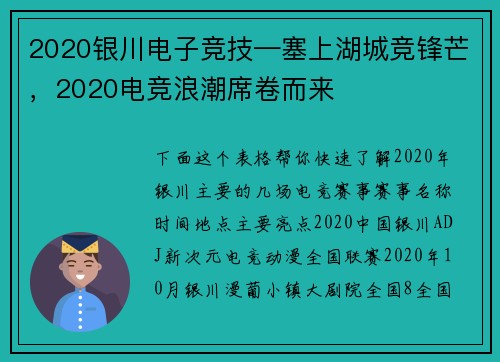 2020银川电子竞技—塞上湖城竞锋芒，2020电竞浪潮席卷而来