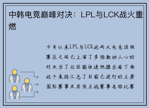 中韩电竞巅峰对决：LPL与LCK战火重燃